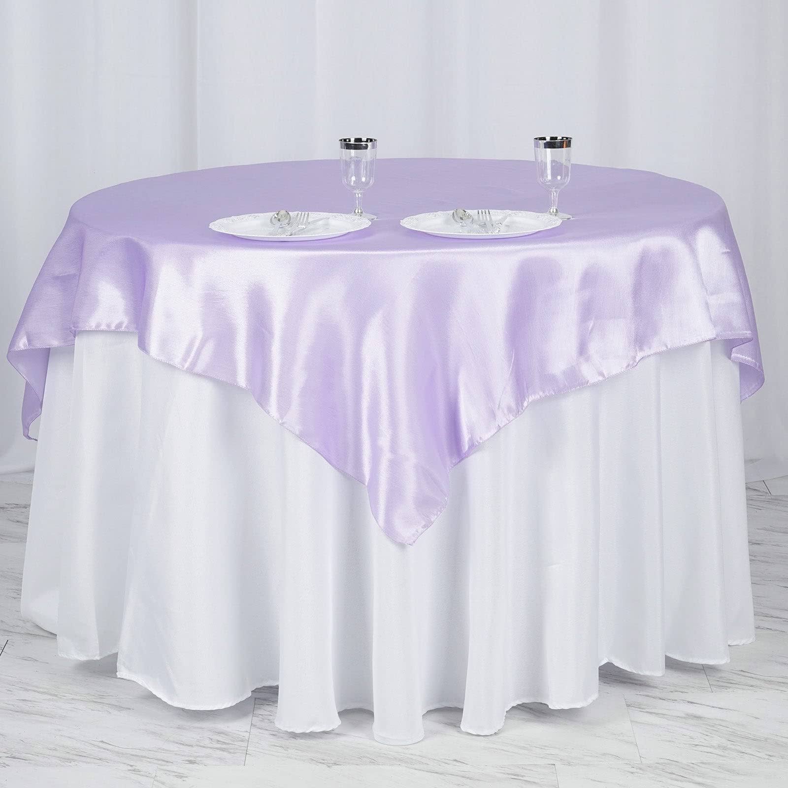 4c49f08e2ac1cce311d0329bd956b062affe507ab12652a1731e66d0c03847a9.jpg Efavormart 60" Satin Square Tablecloth Overlay for Wedding Catering Party Table Decorations Lavender Square Tablecloth Cover - Image 1