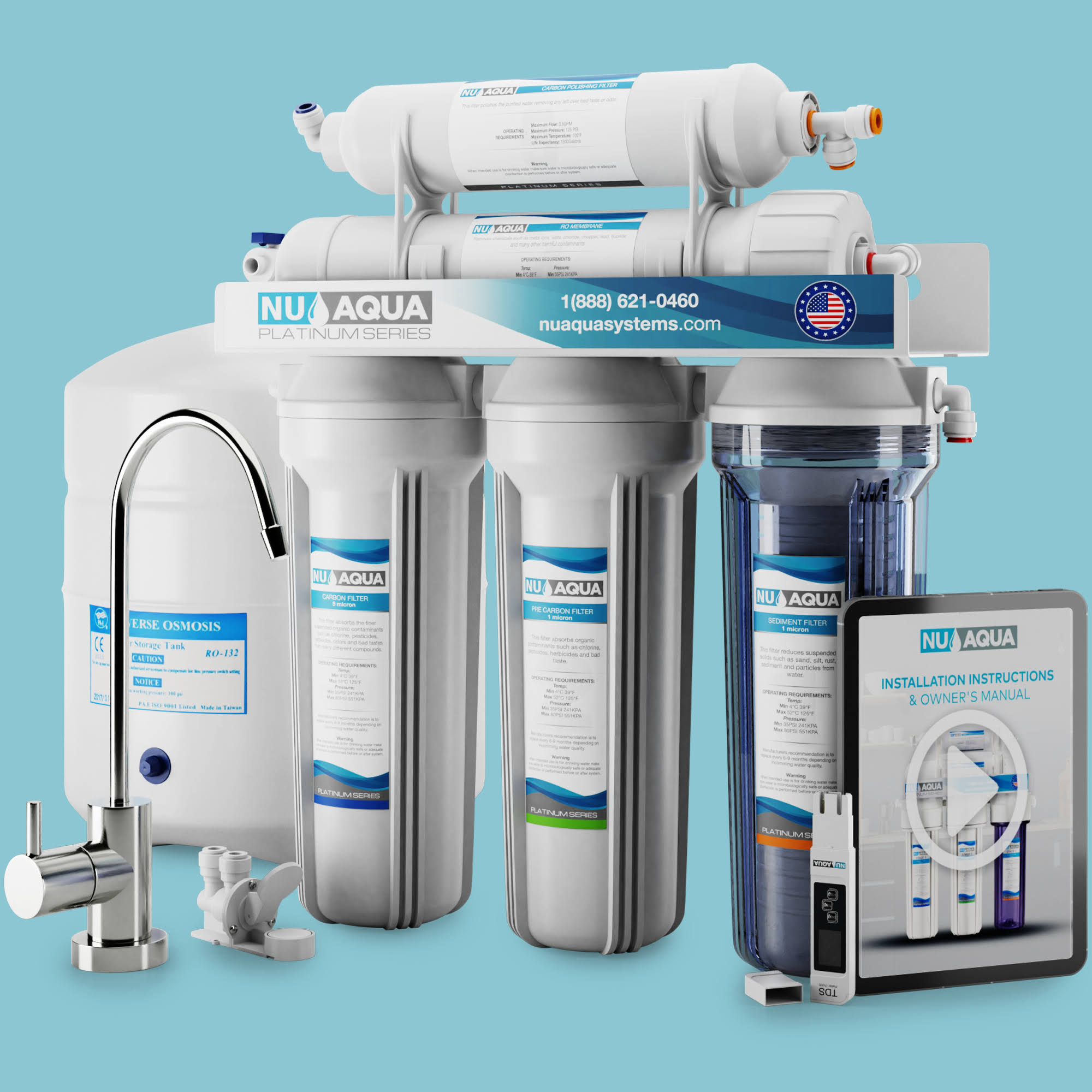 4cef5868676ce0a6fe637df26ecd55bc5b4f3b515618a534dfa5db32708c8c89.jpg NU Aqua Platinum Series 100GPD Under Sink Reverse Osmosis Drinking Water Filter System - Image 1