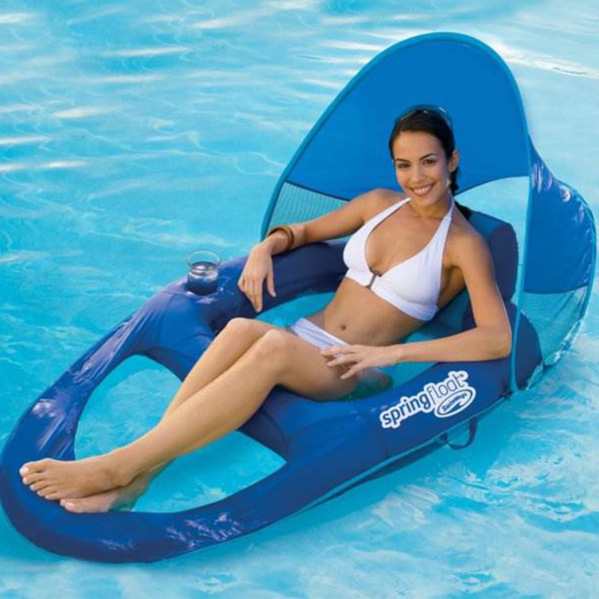 4d3071659666c840a6cab8727bf3d59a1af93d43c17bedf0e8f71b1e3304b38f.jpg SwimWays Spring Float Recliner Pool Lounge Chair with Sun Canopy, Blue - Image 1