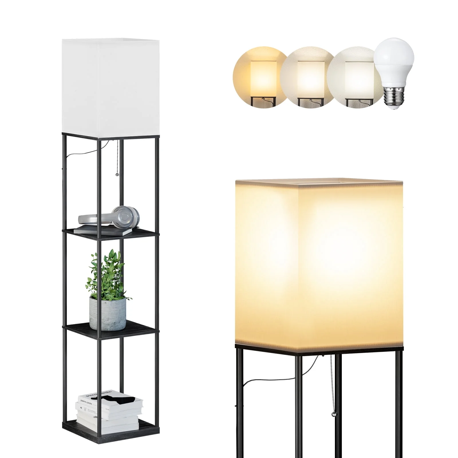 4db2bb16415ce21830ea9315a2cf270140fc5c6e8dcf4fc526e12d66a17ab7ab.webp Modern Iron Shelf Floor Lamp with 3 - Way Dimmable LED Bulb, Shelves and White Shade for Living Room and Bedroom(Black) - Image 1