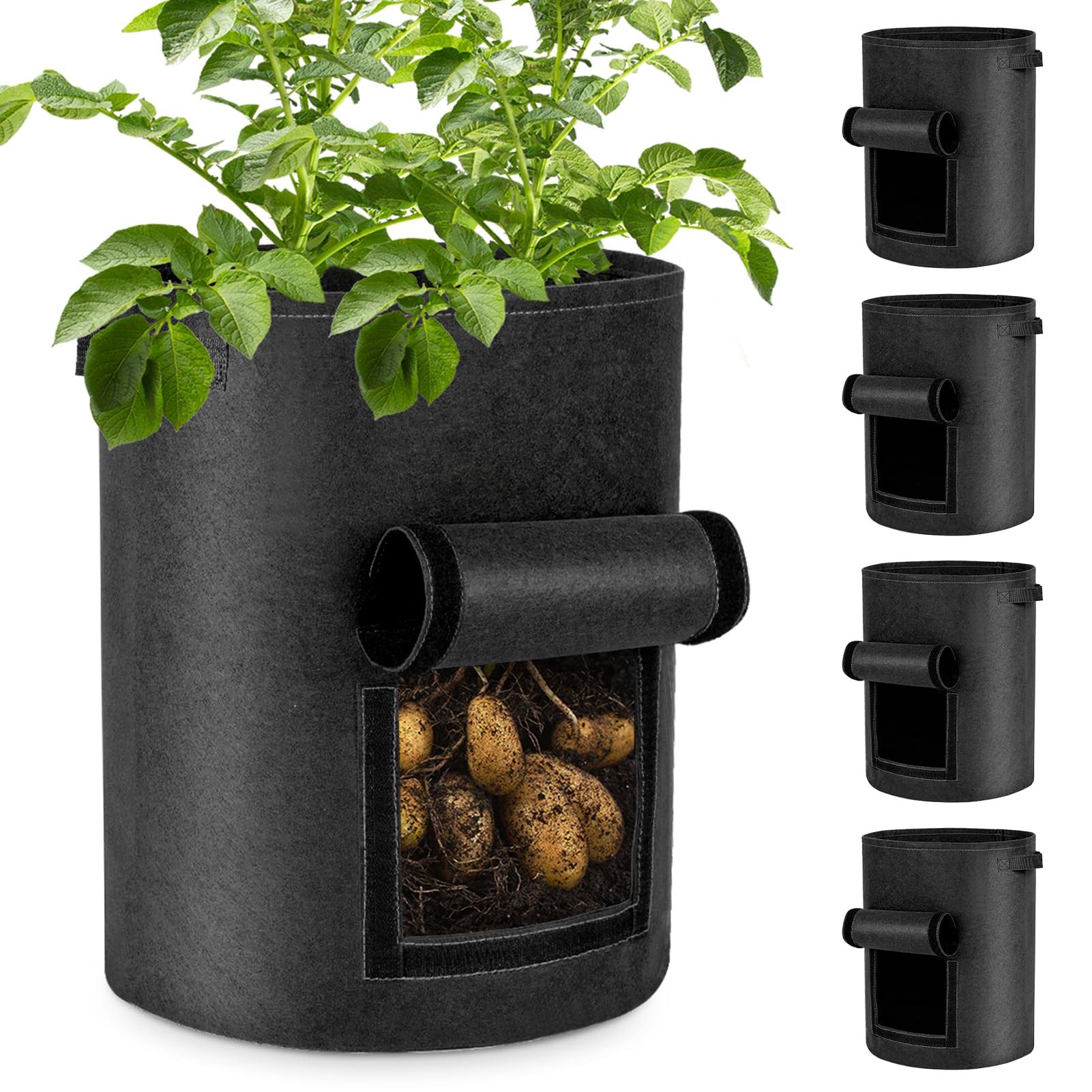 4dc03ce174c8c8a9b8f3b4731bb5536507afaabefa8de269eb50dc54d03fc36f.jpg GreatBuddy 4-Pack Potato Grow Bags, 10 Gallon Thick Fabric Pots for Plants, Harvest Windows & Sturdy Handles, Labels Included,Black - Image 1