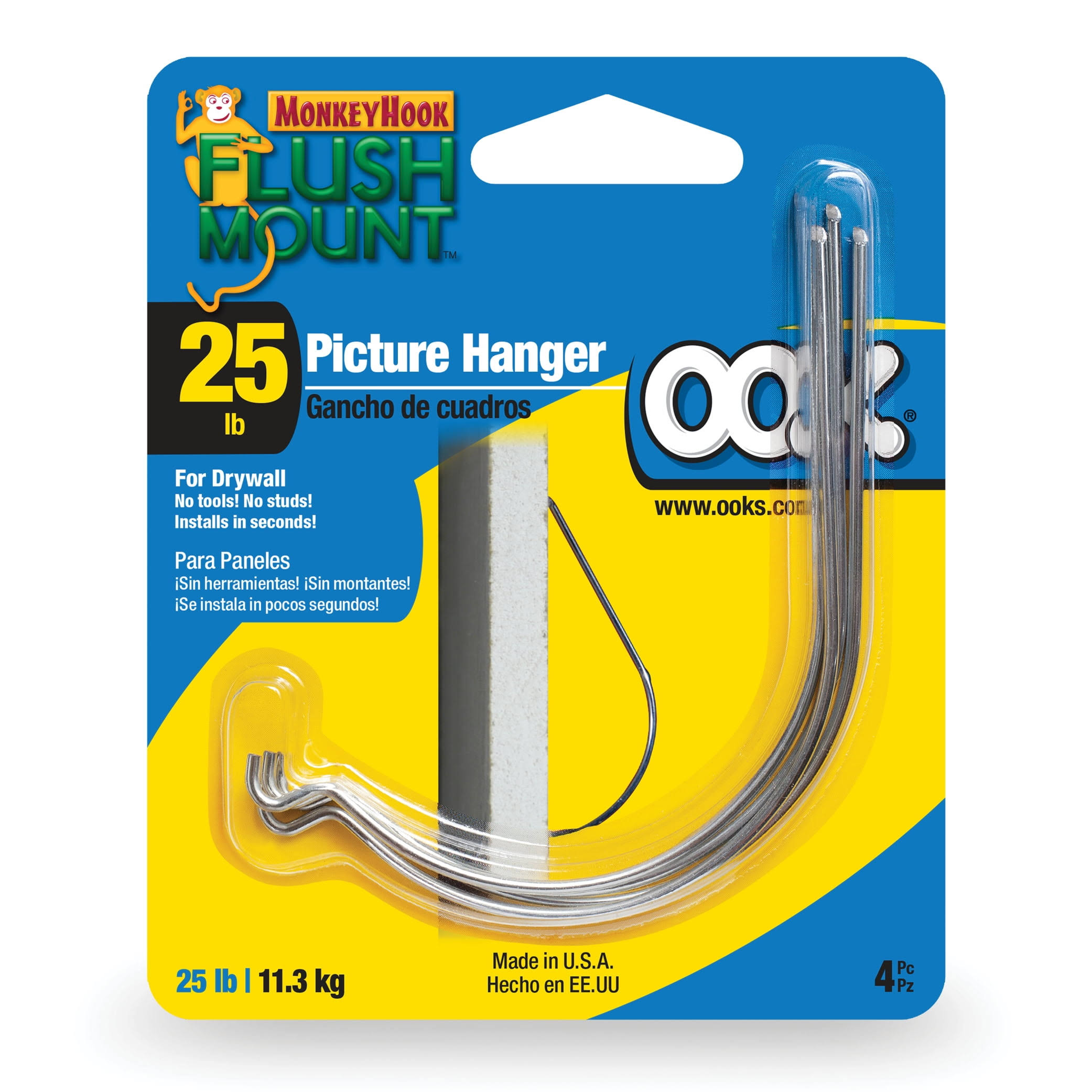 4dc2f56ded62950184ca0f96088ba11ec85dafdd057909454cc6556b258e7c1d.jpg Ook Flush Mount Monkey Hook Picture Hangers, Drywall, Steel, Tool Free (25lb) 4 Pack - Image 1