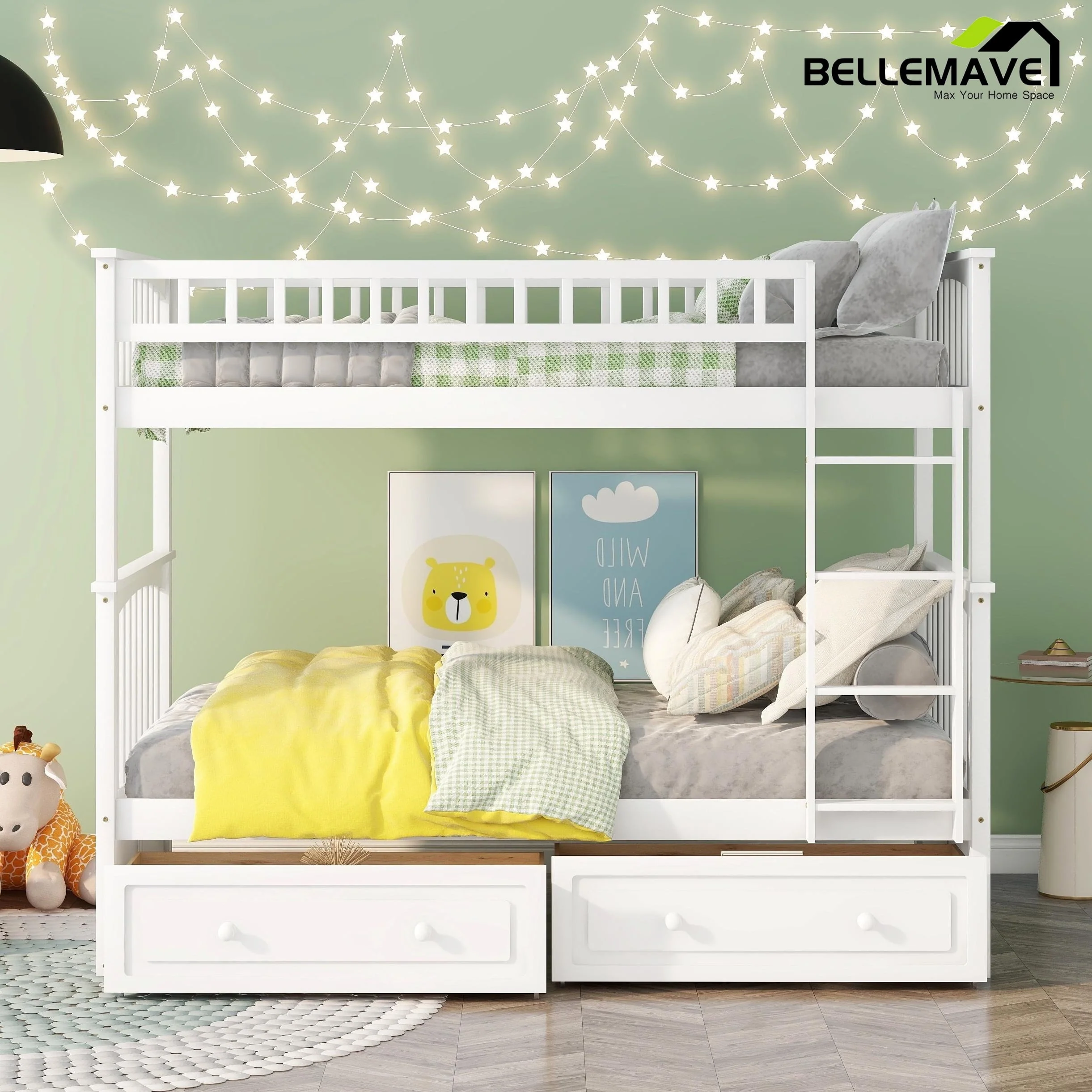 4e06897f37323312f14de99b13df852d4d1719155e7208a1037b800bad427124.webp Bellemave Twin Over Twin Bunk Bed with Storage 2 Twin Bunk Bed with Drawers Safe Kids Bed Frame with Ladder and Guardrail Detachable Wood Twin Bunk Bed, White - Image 1