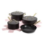 Paris Hilton Iconic Nonstick Pots and Pans Set, Multi-Layer Nonstick Coating, Matching Lids with Gold Handles, Made Without PFOA, Dishwasher Safe