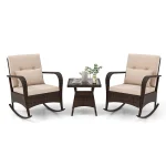 3-Piece Outdoor Wicker Rocking Chair Set, Rattan Bistro Rocker Furniture with Cushions & Pillows, Tempered Glass Coffee Table for Porch Balcony