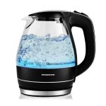 Ovente Portable Electric Glass Kettle 1.5 Liter with Blue LED Light and Stainless Steel Base, Fast Heating Countertop Tea Maker Hot Water Boiler
