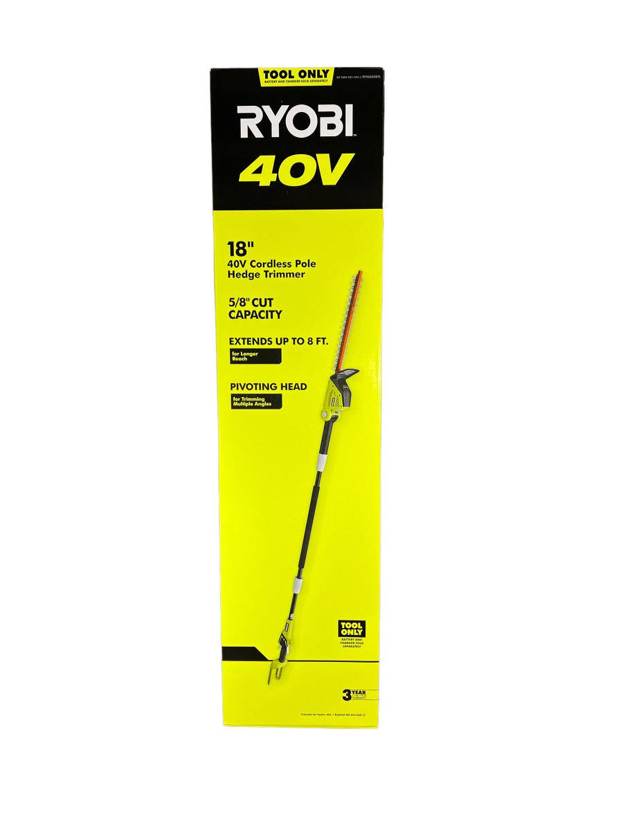 4f2f10539a3e11eda0c9512fb3da59b98044180aa194811f34667206c170e956.jpg Ryobi RY40603BTL 18 in. 40-Volt Lithium-Ion Cordless Pole Hedge Trimmer (Tool-Only) - Image 1