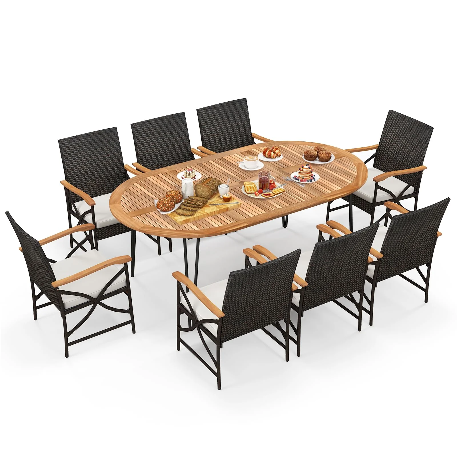 4fcf6d21c4b66b352a0a14e36a21ee4357ce5bd9f8c0c677d66b8d91ec65bee0.webp Tangkula 9 Pieces Patio Rattan Dining Set, Outdoor Oval Acacia Wood Dining Table and 8 Patio Wicker Armchairs Set with Umbrella Hole - Image 1