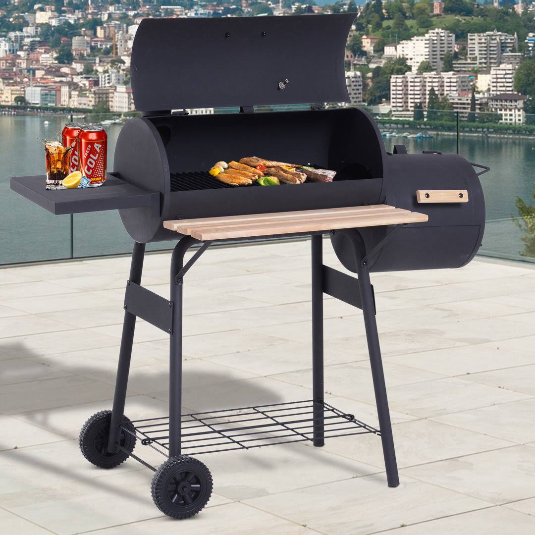 50426aaae3e090b442055fd6af39e182903cd3220abe465cd7a9dcef73059515.jpg Outsunny 48" Freestanding Charcoal BBQ Grill Portable Backyard Cooking Smoker Outdoor Camp Picnic Barbecue Cooker w/ Wheels and Storage Shelves - Image 1