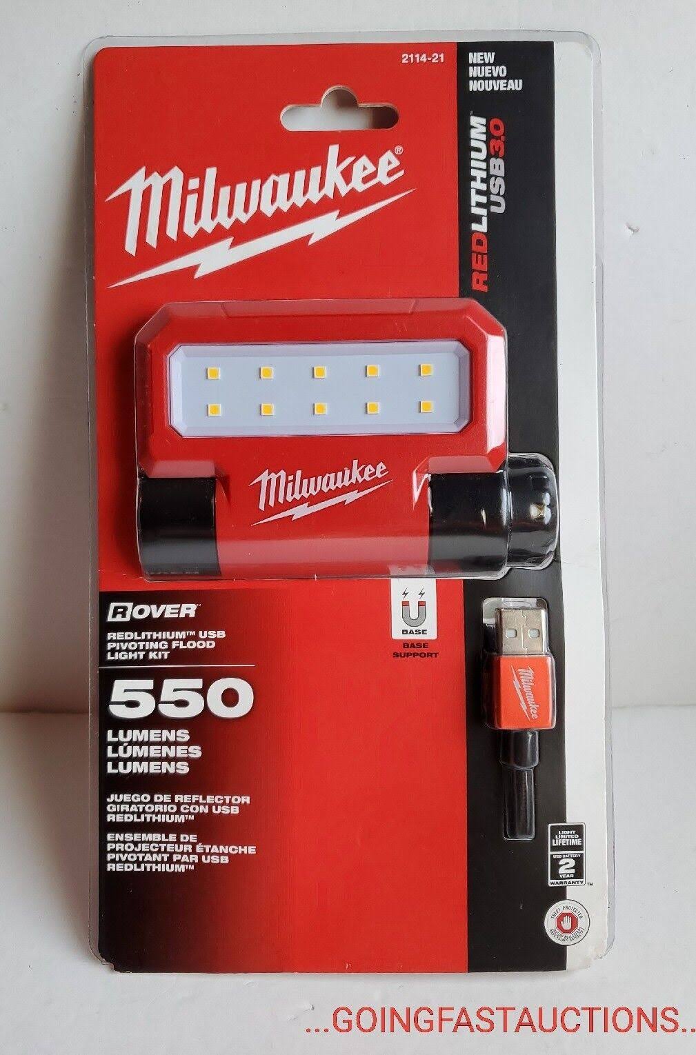 50457e06aeb380bd2276c7fe092d92fdd0751b5161eea16d0b6e0b6662f7a456.jpg Milwaukee 2114-21 550 Lumens USB Rechargeable Pivoting Flood Light - Image 1