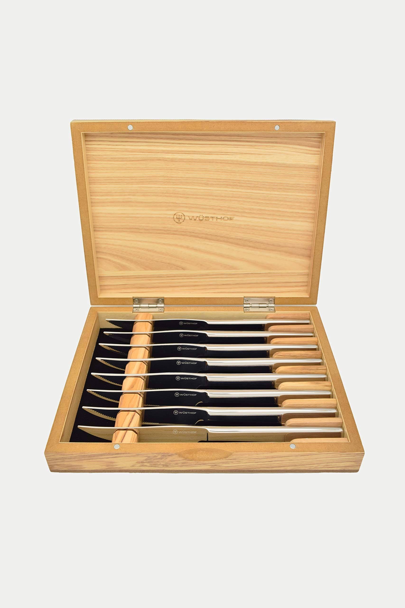 505dad456e42ead384410c2aa58bc92dae71db00679bf855a8e38db8b36707db.jpg Wusthof 8-Piece Stainless Mignon Steak Knife Set, Olivewood - Image 1