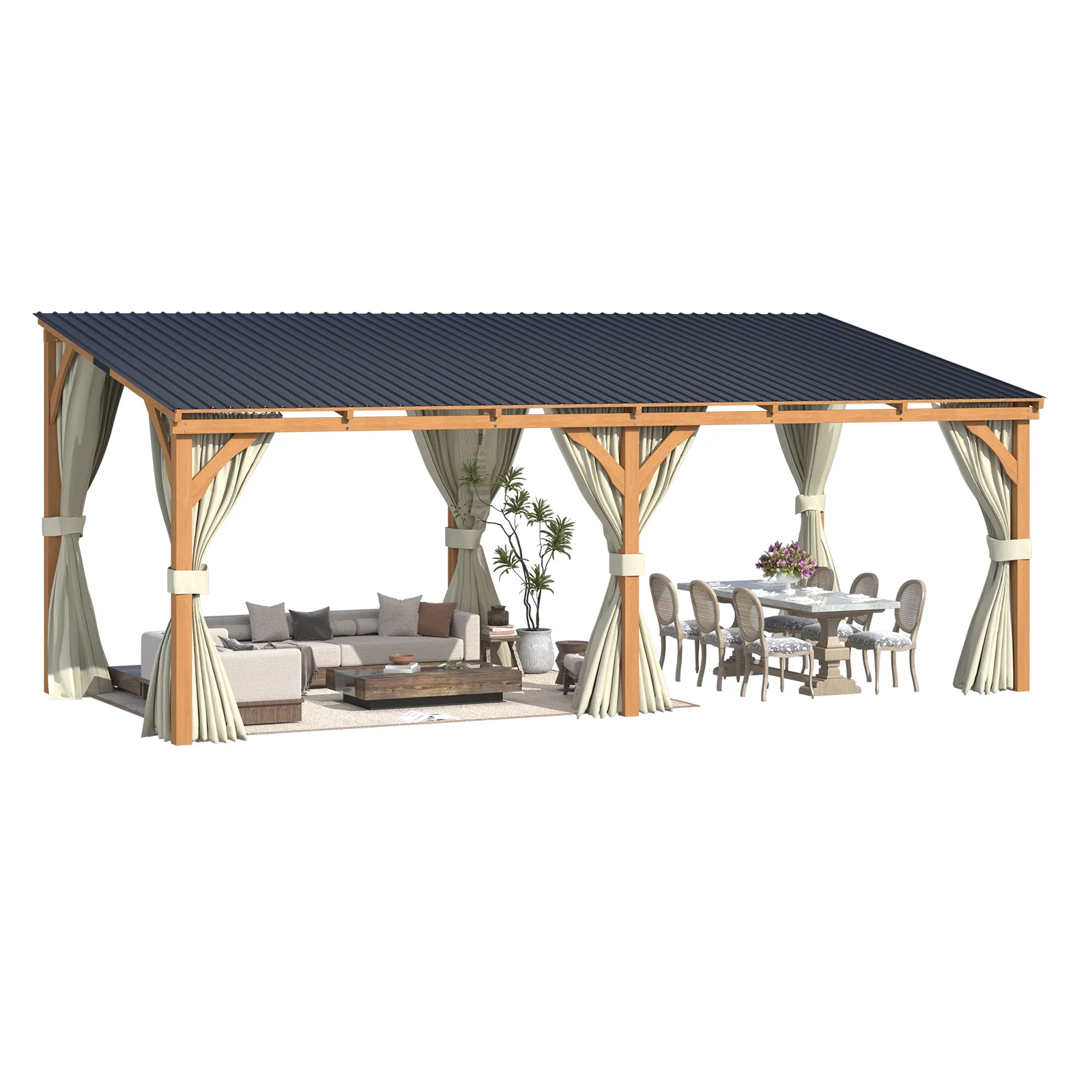 50745be4ece5e107ca8c4735eca905a8ec246865718b6e8f5c2f396893e6c23b.webp AECOJOY 20x10 Outdoor Wooden Pergola Gazebo with Curtains and Netting for Patio - Image 1