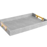 Modern Elegant 18"x12" Rectangle Grey Glossy Shagreen Decorative Ottoman Coffee Table Perfume Living Room Kitchen Serving Tray with Gold Polished