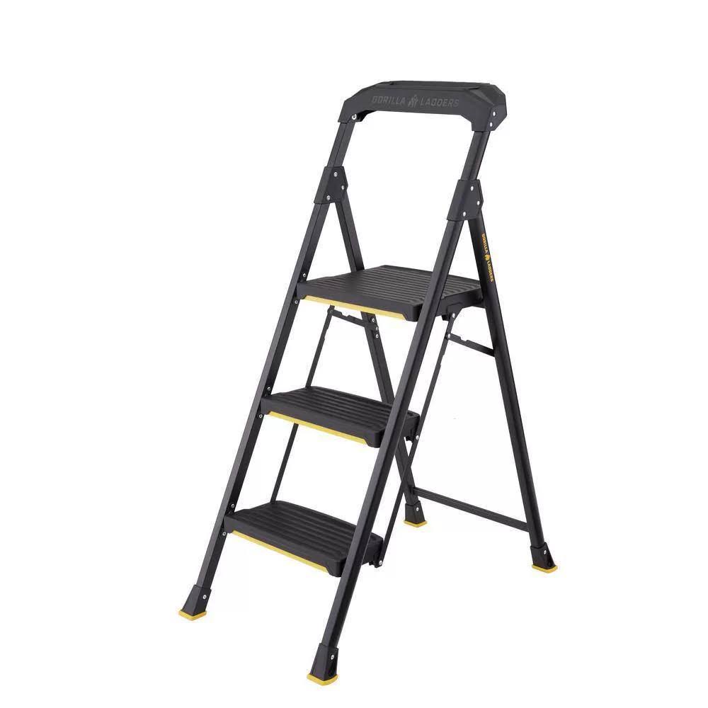 50873358e82c86a1f1a8d3607fa568e15c752ddd8d42e1614832fbce626fd8be.jpg Gorilla Ladders 3-Step Pro-Grade Steel Step Stool, 300 lbs. Load Capacity Type iA Duty Rating - Image 1
