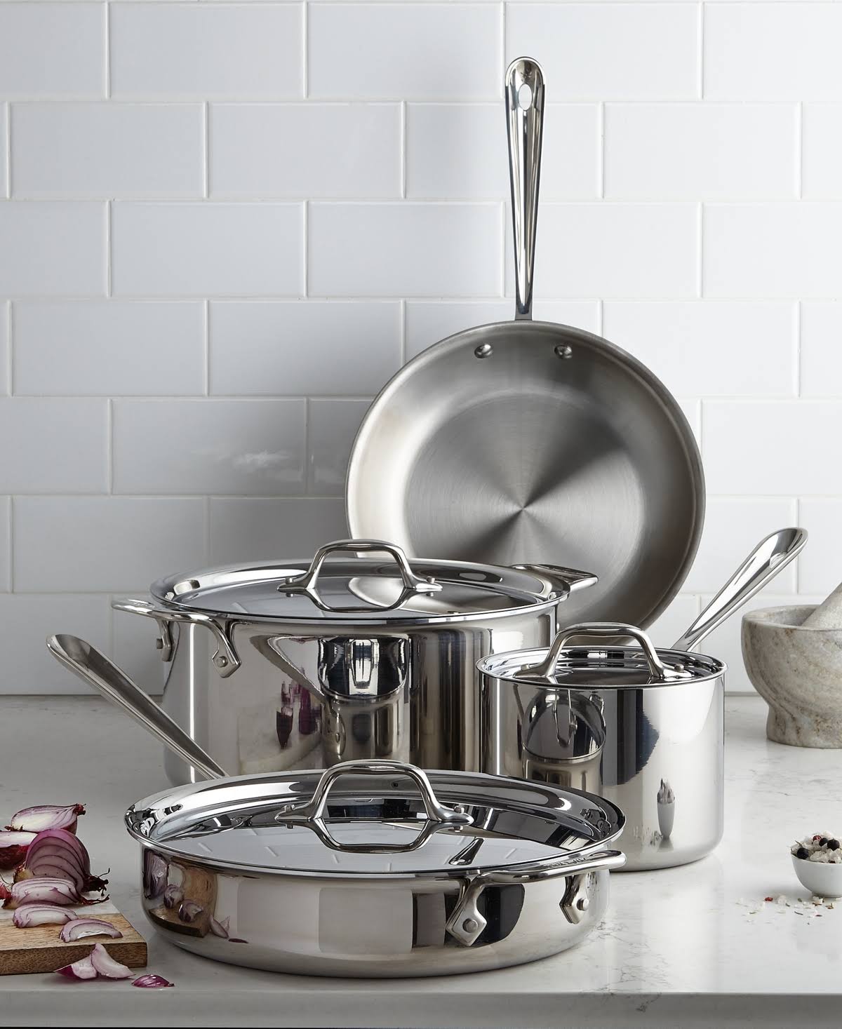 508a054fc68b2bdf30dd9c3faf6698a87c1d449a53ccf87f405dcfc70b1dfc42.jpg All-Clad Stainless Steel 7 Piece Cookware Set - Image 1