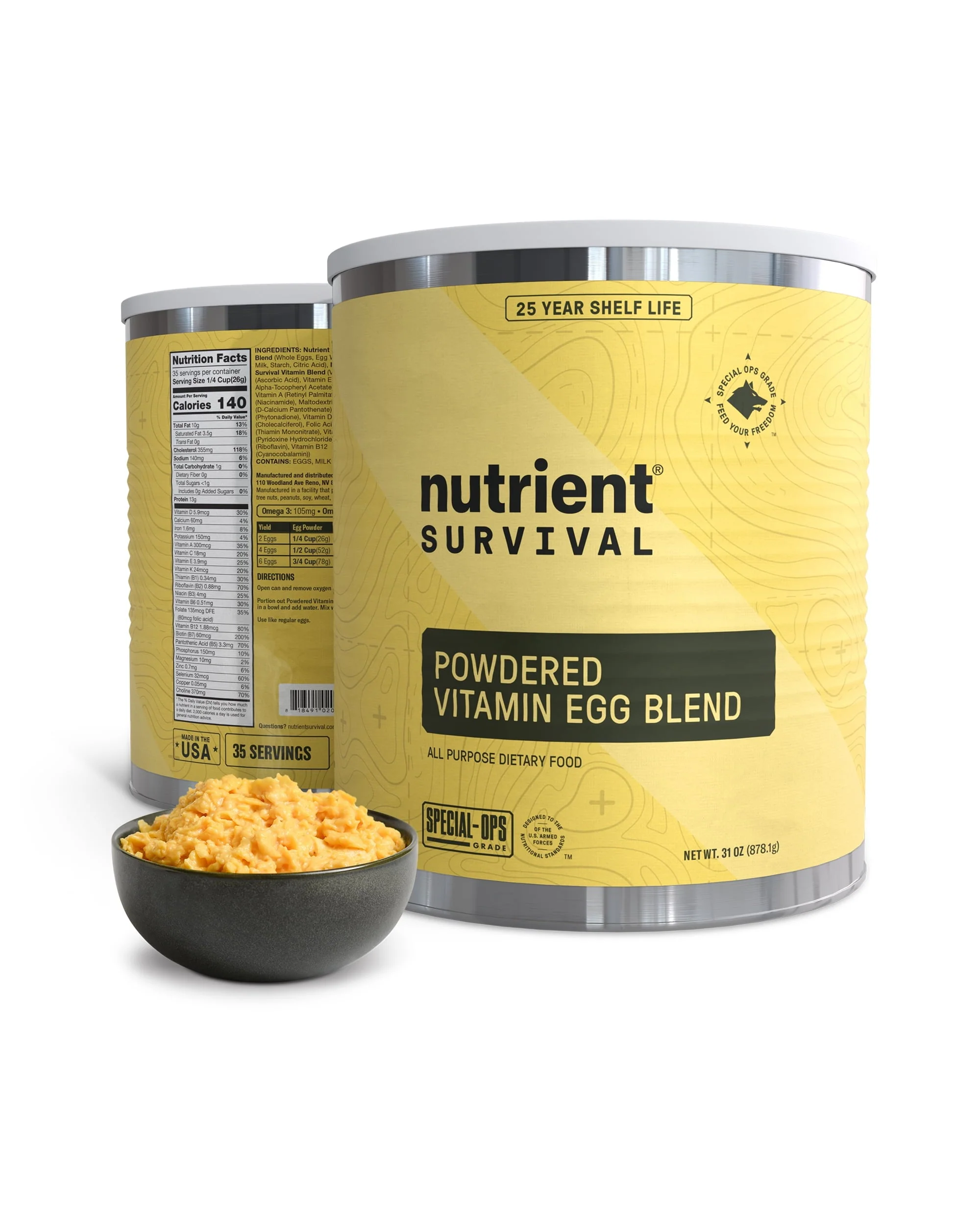 509491f702ca4ebc5dd198bc0972b6f2930bd92e4a758de45206414e239aba19.webp Nutrient Survival Vitamin Powdered Eggs Blend, Freeze Dried Prepper Supplies & Emergency Food Supply, 33 Essential Nutrients, Gluten Free, Shelf Stable up to 25 Years, One Can, 70 Egg Equivalent - Image 1