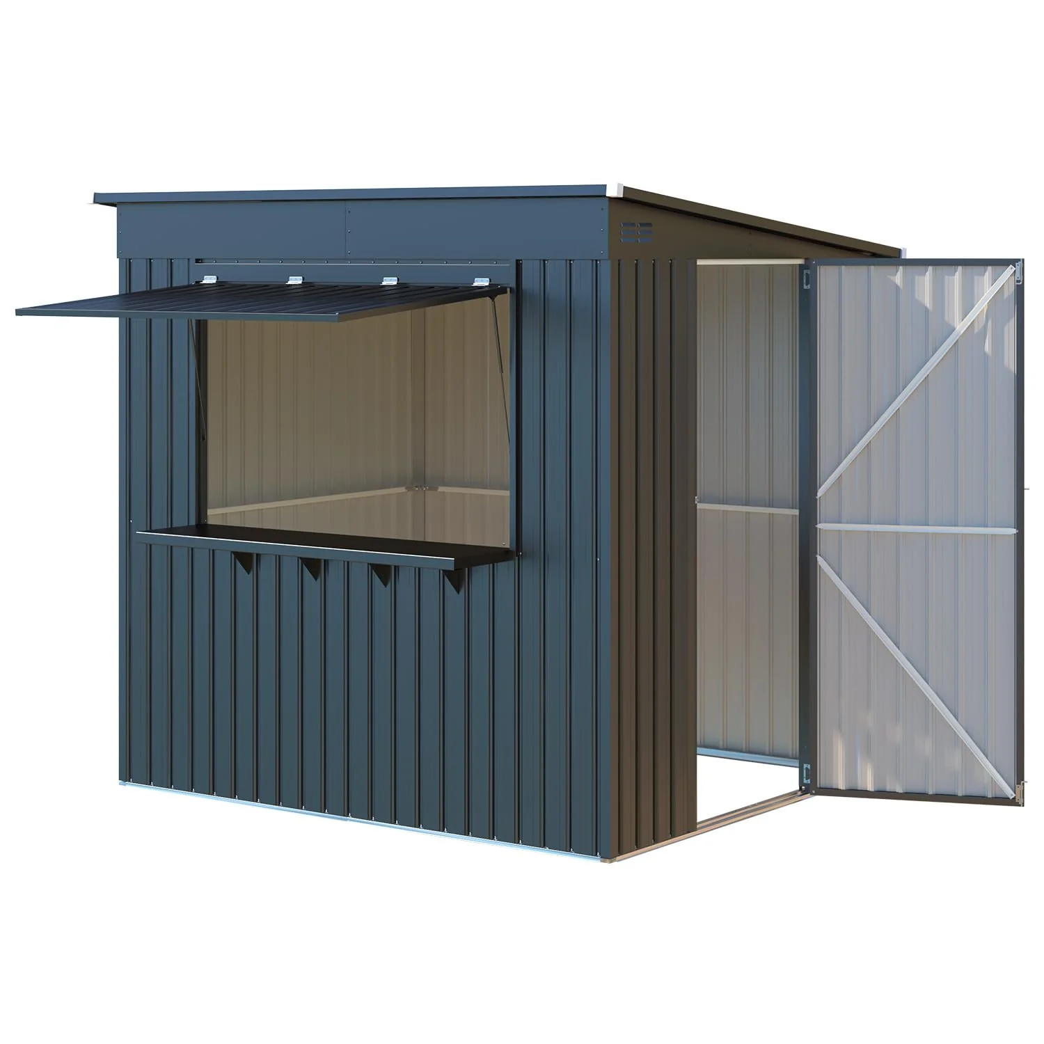 50966faf15f41dd011c42707649e0556aac4ed4e14fe3236b81e64c363a2f330.webp AECOJOY 8x4 FT Outdoor Storage Shed with Bar Counter, 2-in-1 Patio Metal Backyard Bar & Tool Storage Cabinet - Image 1