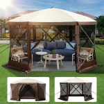 Vevorbrand Camping Gazebo Tent, 12'X12', 6 Sided Pop - up Canopy Screen Tent for 8 Person Camping, Waterproof Screen Shelter W/Portable Storage Bag, Ground Stakes, Mesh Windows, Brown & Beige