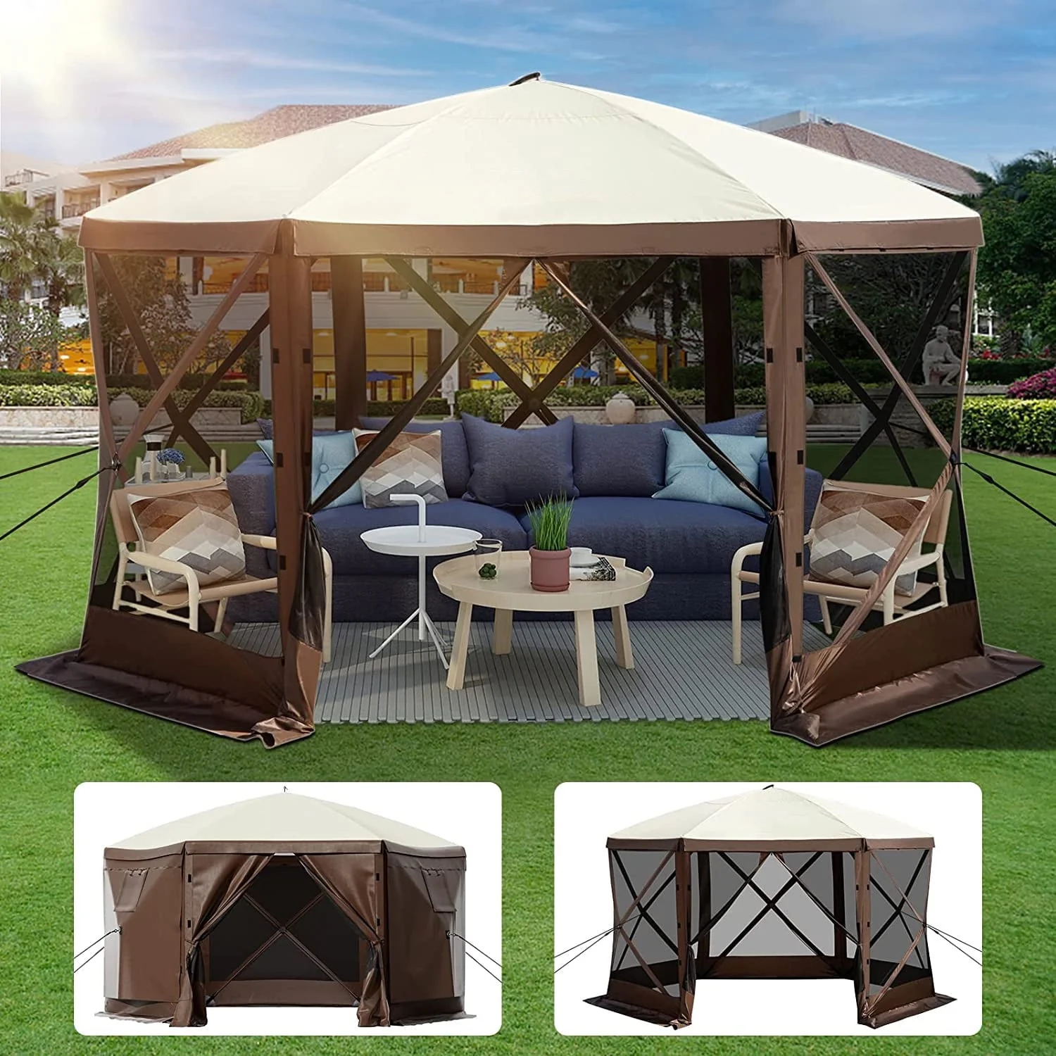 510f1e890bb456f8d136afe65cddb5b3cb8fdc1e05ec524d15d240596c1e167d.webp Vevorbrand Camping Gazebo Tent, 12'X12', 6 Sided Pop - up Canopy Screen Tent for 8 Person Camping, Waterproof Screen Shelter W/Portable Storage Bag, Ground Stakes, Mesh Windows, Brown & Beige - Image 1