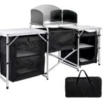 Inch Aluminum Portable Fold-Up Camping Kitchen with Windscreen and 5 Enclosed Cupboards. Cook Station. for BBQ. Camping. Picnic. Backyard