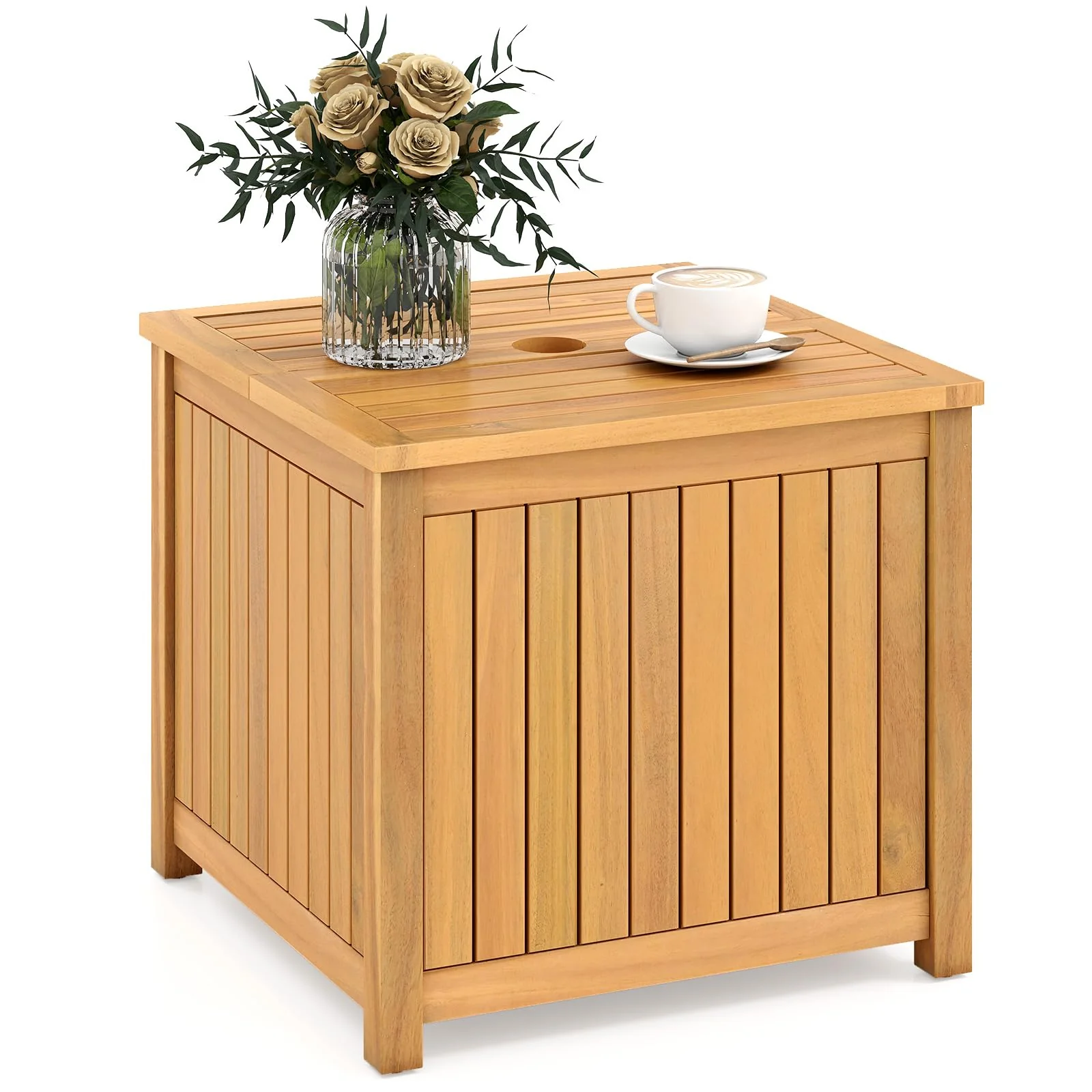 51a7eb9b4350fbff0d40f8fe48ce07ec581e5aae31dee5b83b3b42b8d8e83448.webp Tangkula 2-in-1 Outdoor Side Table with Storage Acacia Wood Slatted Coffee Table Square Slatted End Storage Box - Image 1
