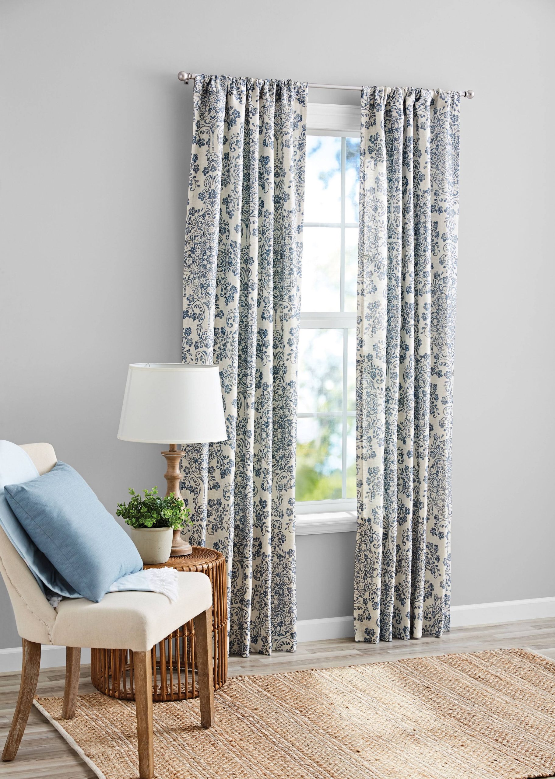 520a6f355fa3a0aeb78658383303df88e48c7519ffe704c979b38f446f2a6c37.jpg Mainstays Southport Damask Print Light Filtering Rod Pocket Curtain Panel Pair, Set of 2, Blue, 40 x 84 - Image 1
