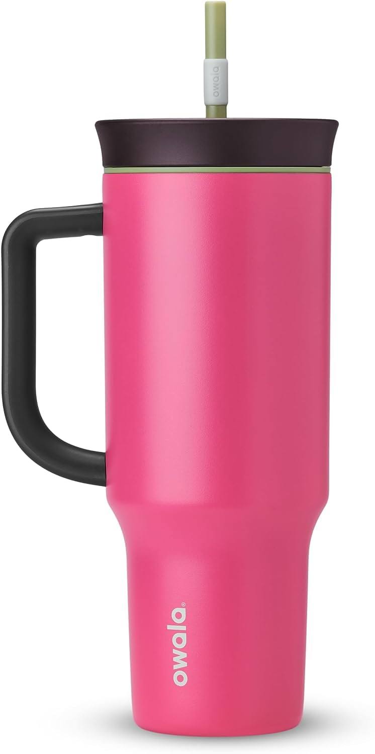 524875e9c9e1b2e3cad9796a8db0d1fe2af05858f936dd6cffd3c383c06275a5.jpg Owala Stainless Steel Triple Layer Insulated Travel Tumbler with Spill Resistant Lid, Straw, and Carry Handle, BPA Free, 40 oz, Pink (Watermelon - Image 1