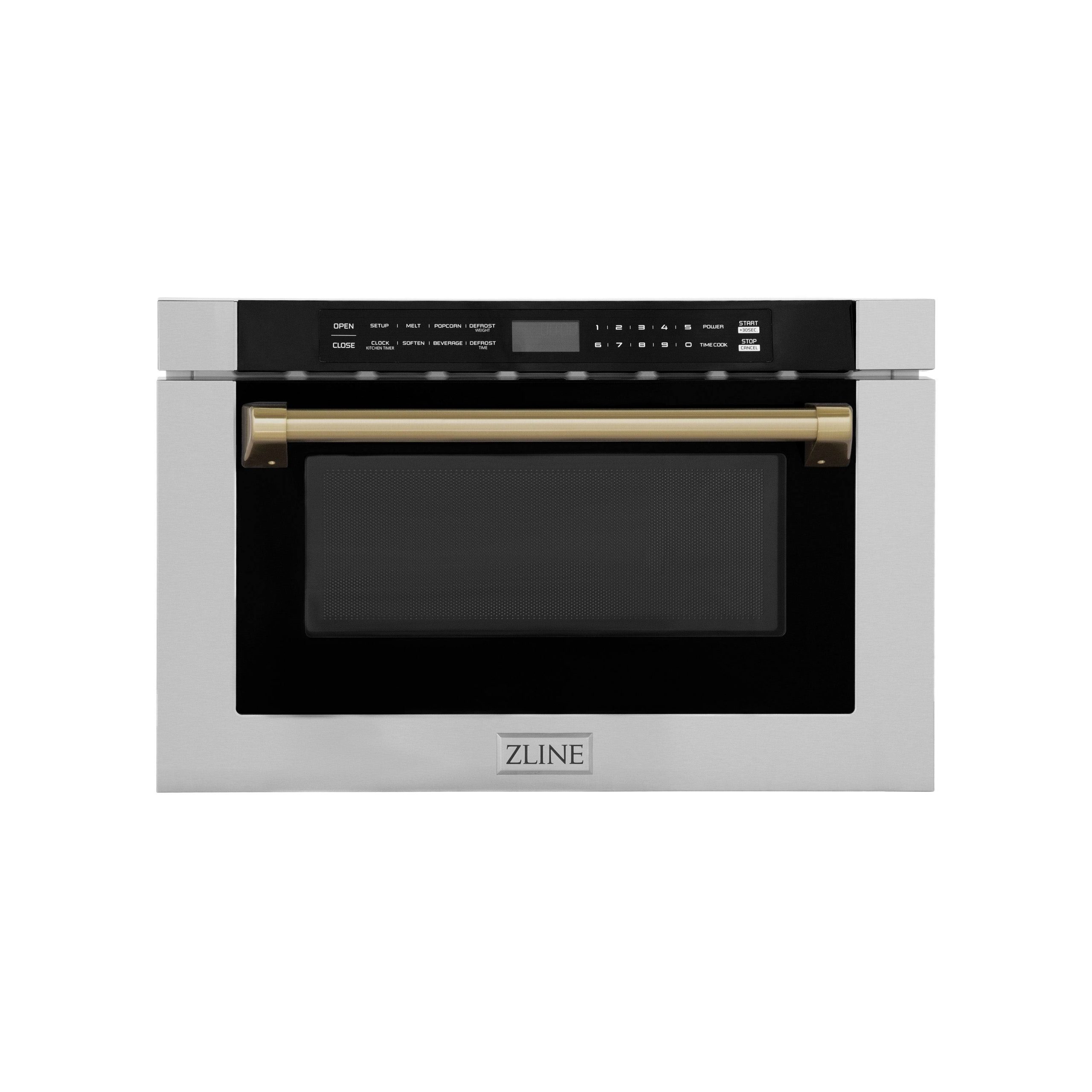 52a00b677368d79b9a172d52abed8264477a4de6678cd3e22714c6d19a3aceef.jpg ZLINE Autograph Edition 24" 1.2 Cu. ft. Built-In Microwave Drawer with A Traditional Handle in Stainless Steel - Champagne Bronze - Image 1