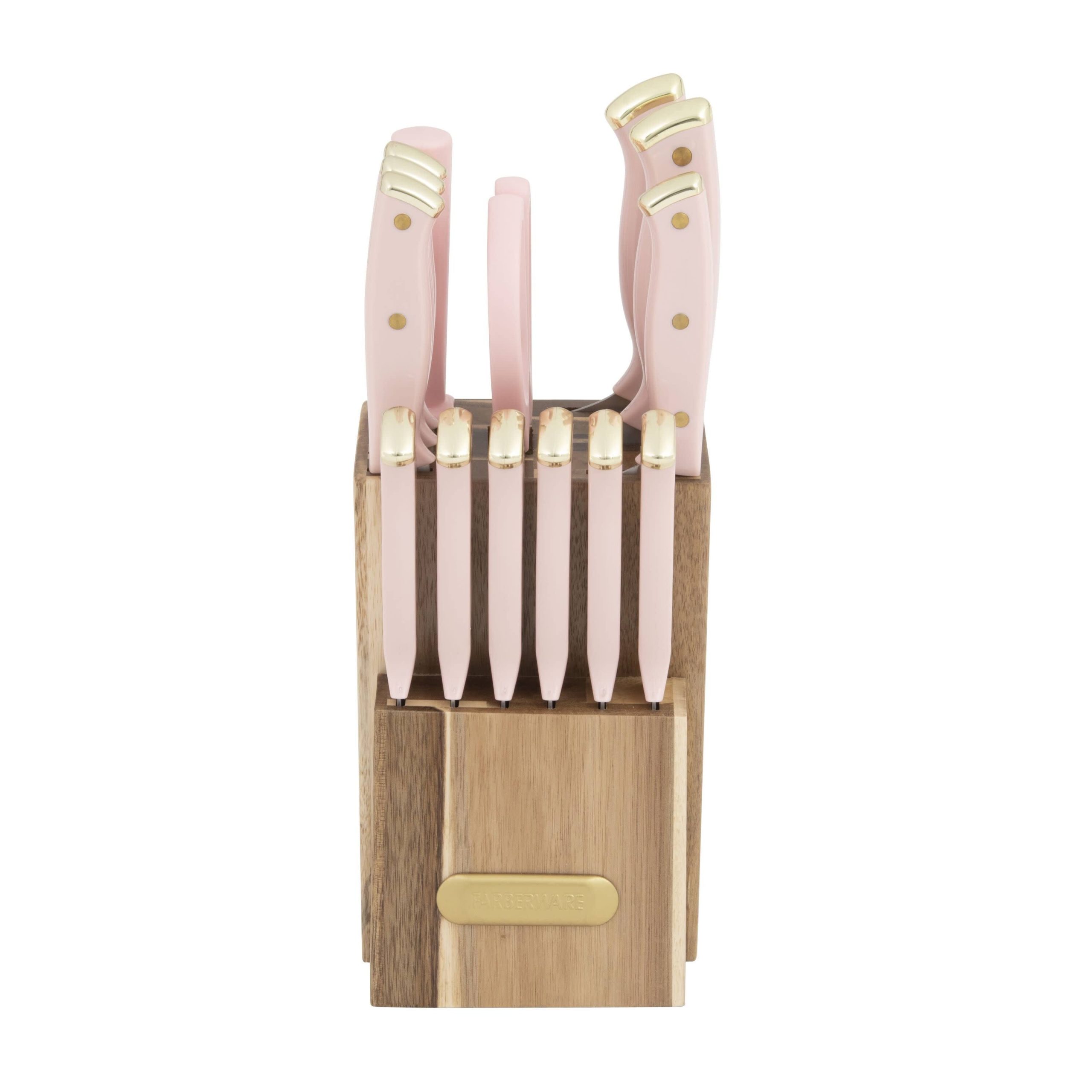 52c6d889d941a66d7b74c2c3434d7d1f51b96725a2540d2fe455074cc37833c9.jpg Farberware Triple Riveted Acacia Knife Block Set, 15-Piece, Blush and Gold - Image 1