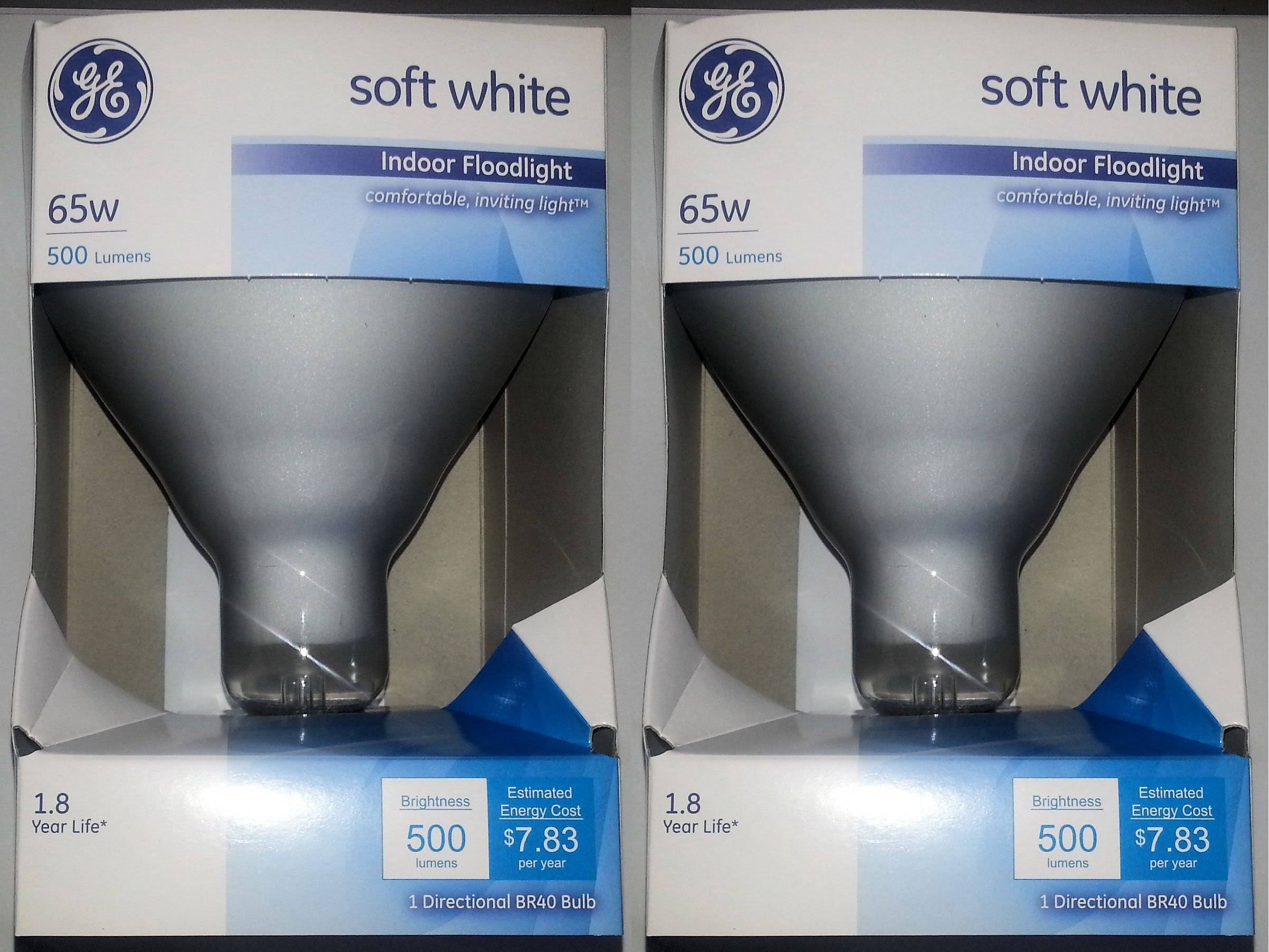 533cd1579383a61a7d6e243280d7e73150d265f828af8e3b3781f2f070bde15e.jpg GE 65 Watt Soft White Floodlight BR40 Light Bulb, 2-Pack, Size: Medium - Image 1
