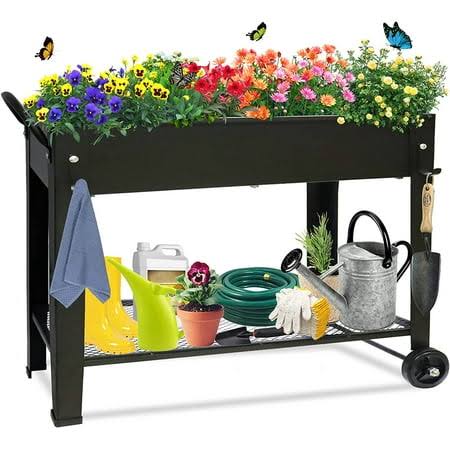 53565433315a19f05bfc5eb79a75d58ad588f46131222995448f22b3f1cc0d25.jpg aboxoo Large Planter Raised Beds with Legs Outdoor Metal Planter Box On Wheels Elevated Garden Bed for Vegetables Flower Herb Patio 40x 11 x 31.5 in, - Image 1
