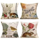 Hopyeer 4Pack Rustic Vintage Animals Throw Pillow Covers Cotton Linen Decorative Cute Rabbits Dragonflies Robin Birds Butterfly Classical Pairs