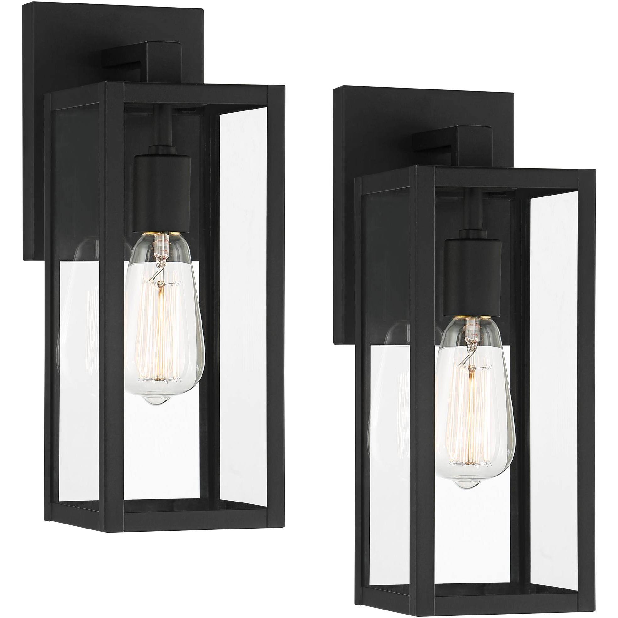 53e3b0729212e4c0182fb27965e7b3d03b20681a143ed644735c227b1b703af2.jpg John Timberland Titan Modern Industrial Outdoor Wall Lights Fixtures Set of 2 Mystic Black Metal Damp Rated 14" Clear Glass Exterior House Porch - Image 1