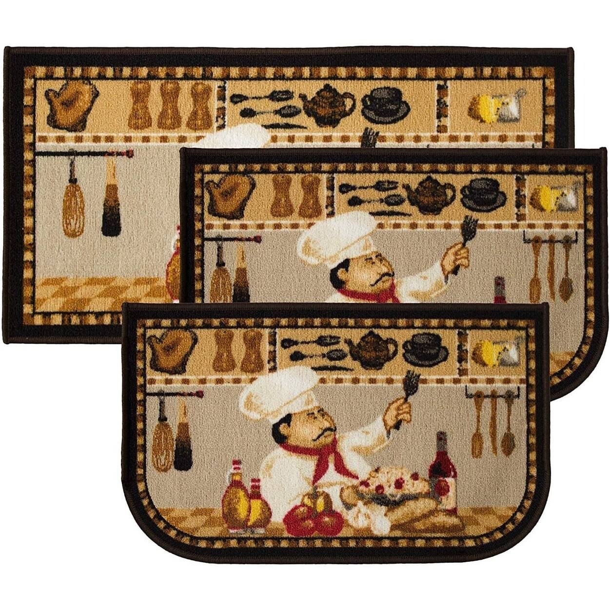53e7e3cb7c6f1ea026a644ce569f61837909580d743ccc658e3f676fcc2ebb07.jpg Kashi Home Wine Chef 3PC Kitchen Rug Set, (2) Slice 18 inchx30 inch Rugs, (1) 20 inchx40 inch Mat, Non-slid Latex Back, Size: 3 PC Set - Image 1