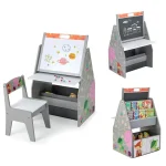 3-in-1 Kids Art Easel with Chair, Wooden Toddler Easel Table & Chair Set w/ Double-Sided Magnetic Whiteboard & Chalkboard, Bookshelf, Storage