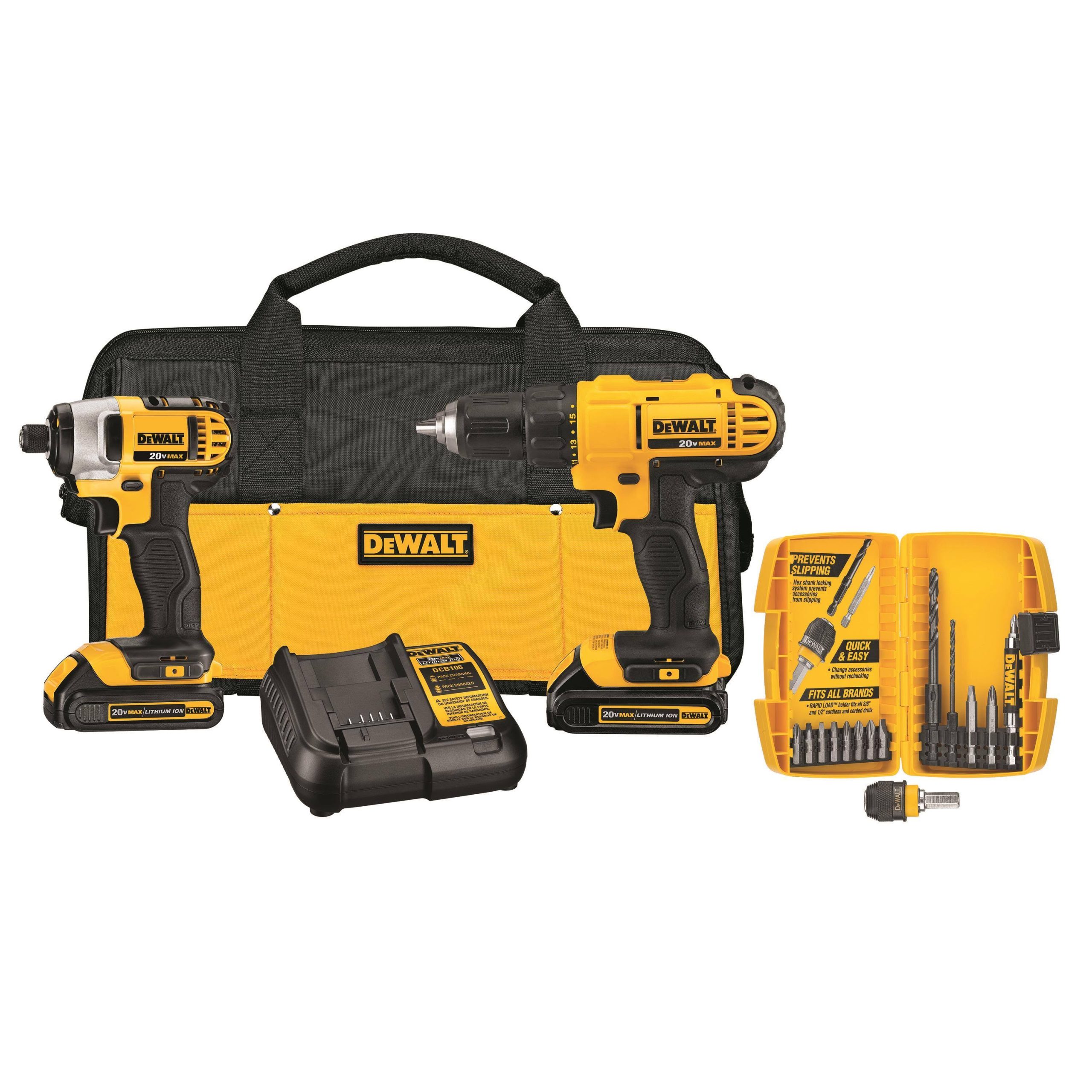 540c3e4b2eb660ff50b9aaf8bac6bbe1545de15acefe2474d3a21a396bebd59a.jpg DeWalt 20V Max Cordless Brushed 2 Tool Compact Drill and Impact Driver Kit DCK241C2 - Image 1