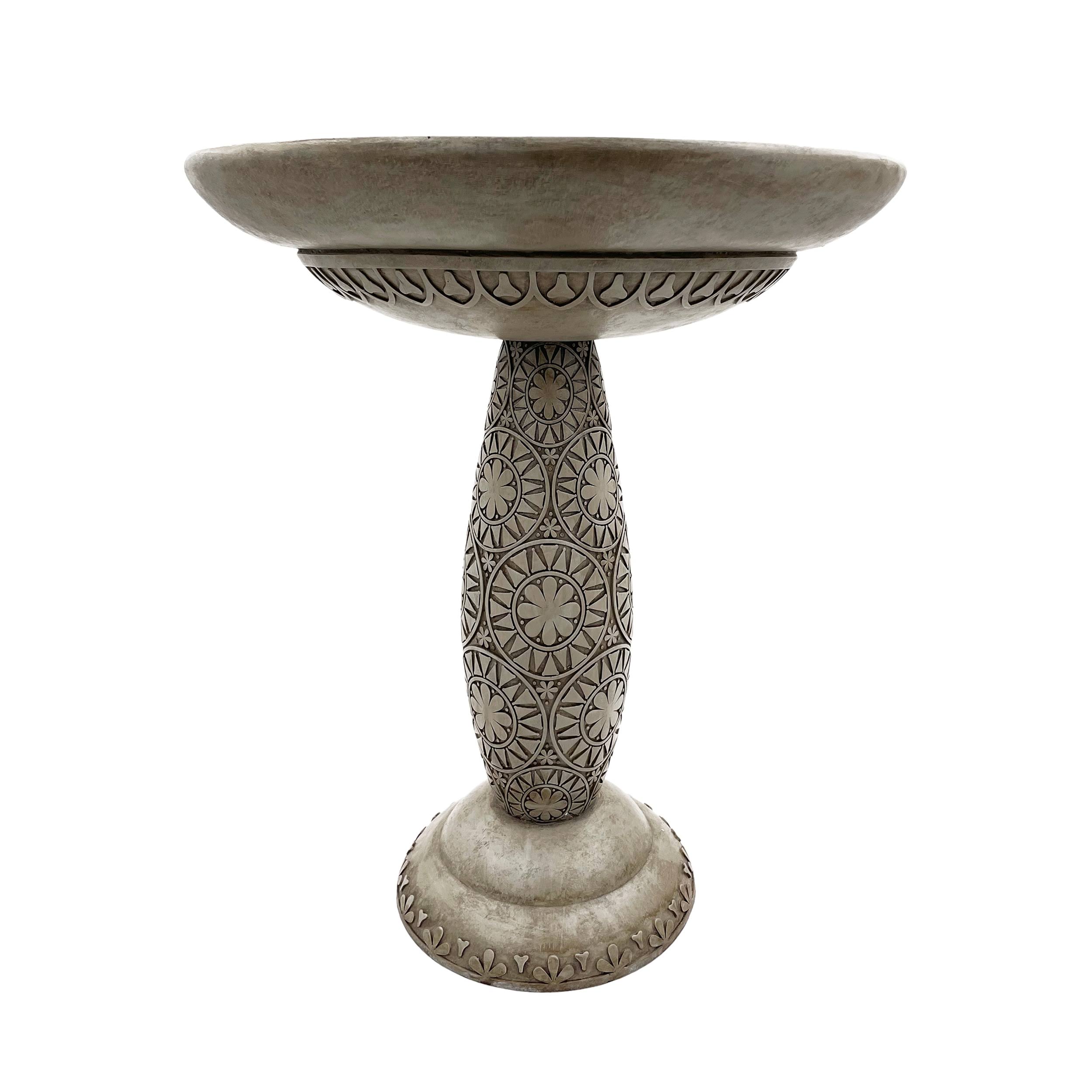 542c270dfe3847d1099de7d4b74059271a8d07eeee3332dfeec43bcddb382e57.jpg Backyard Glory Floral Sun 20-in H Gray Polypropylene Complete Birdbath | 05-634-34 - Image 1