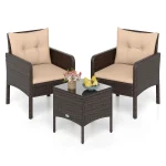 Tangkula 3 Piece Patio Bistro Set Rattan Wicker Outdoor Conversation Set with Cushions and Coffee Table