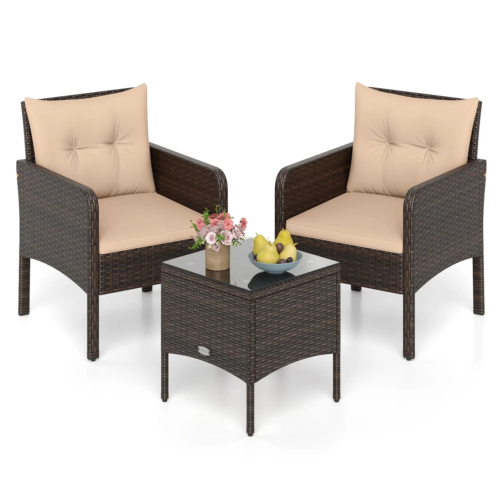 54f5d2e8684d992e21f0f5d246c9ce51f57a1fbbe5d98c205e7a2b6ea0acb8dc.webp Tangkula 3 Piece Patio Bistro Set Rattan Wicker Outdoor Conversation Set with Cushions and Coffee Table - Image 1