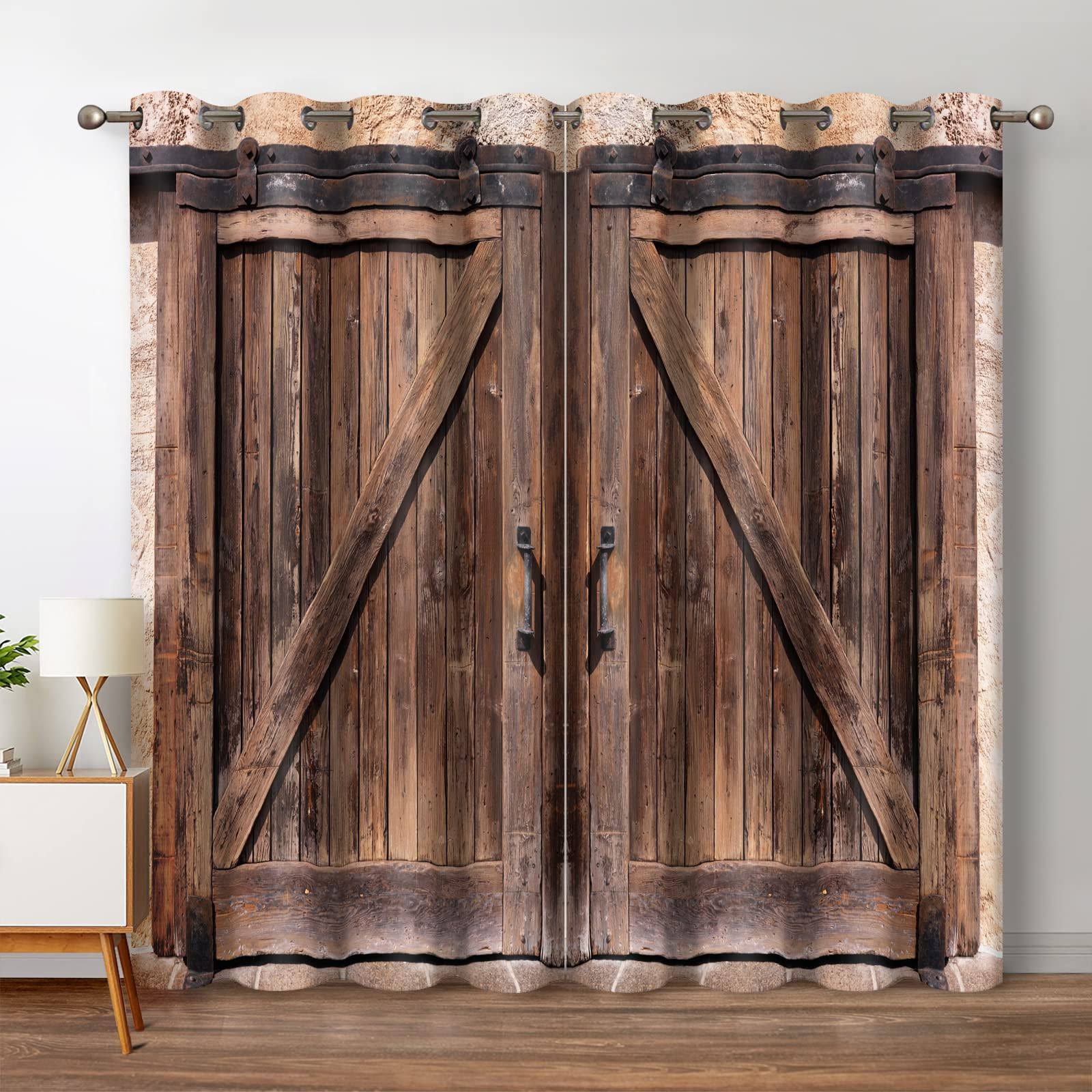 558dd1efea2f3bc3cd72277042cd737693e59b1b5622d5ea54d152d62ebe4c96.jpg Jekeno Rustic Wood Blackout Curtains Vintage Wooden Barn Door Farmhouse Home Bedroom Living Room Decor Brown Grommet Window Drapes 2 Panel Set, 52 - Image 1