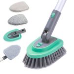 3 in 1 Tile Tub Shower Scrubber,Cleaning Brush with 58" Long Handle,Detachable Stiff Bristle Scrub Brush-3 Scouring Pads, 2 Brush Heads for Bathroom