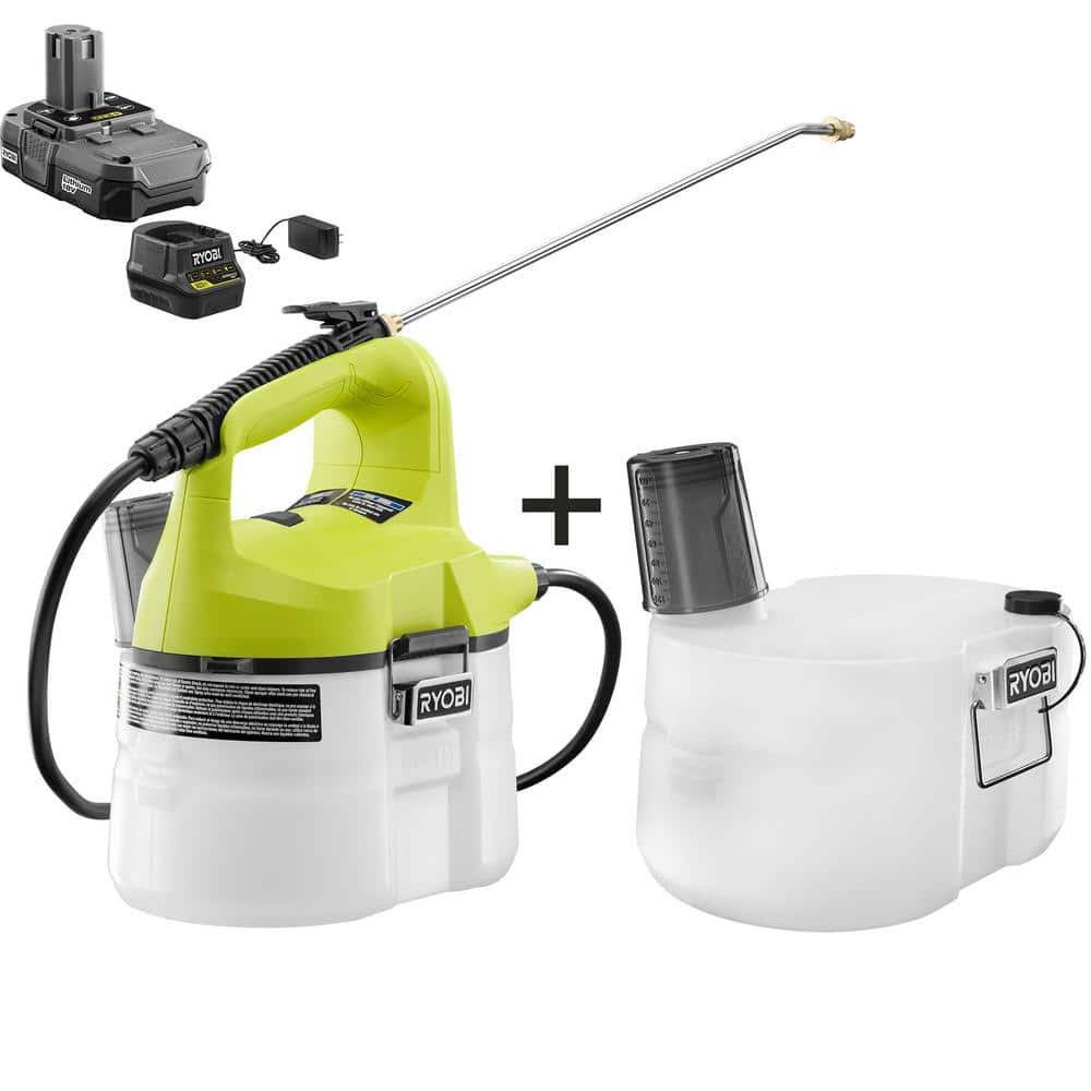 55cf602355c2cd35109d8cd27ec619a5ba7253783251b48162cee2890aac3252.jpg Ryobi P2810-1GAL One+ 18V Cordless Battery 1 gal. Chemical Sprayer with Extra Accessory Tank, 1.3 Ah Battery, and Charger - Image 1