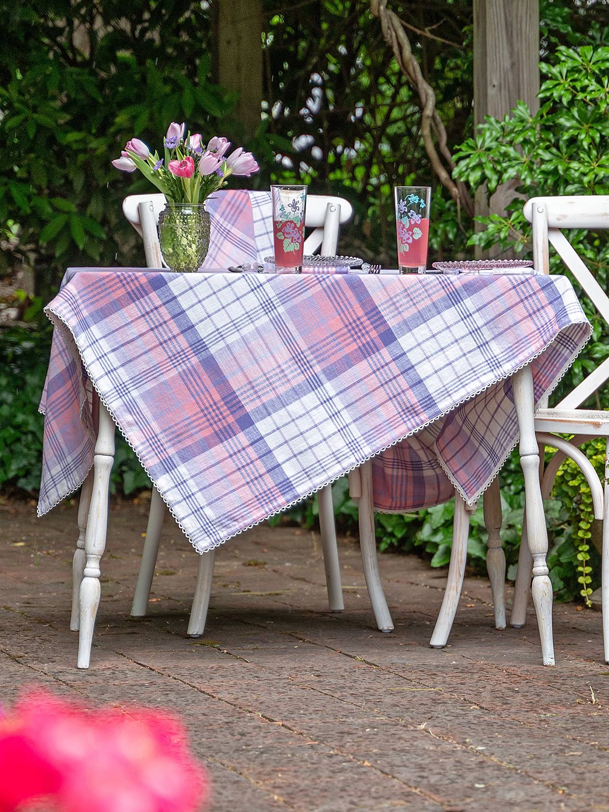 560cec9654d6e0598a72b36f7c27deadad7ed1016922ec361b7d3517dc62b465.jpg Hyacinth Plaid Tablecloth Durable Pinkperiwinkle, Plaid 100% Cotton, Size 60x90 | April Cornell | Square Tablecloths for Tablescaping - Image 1