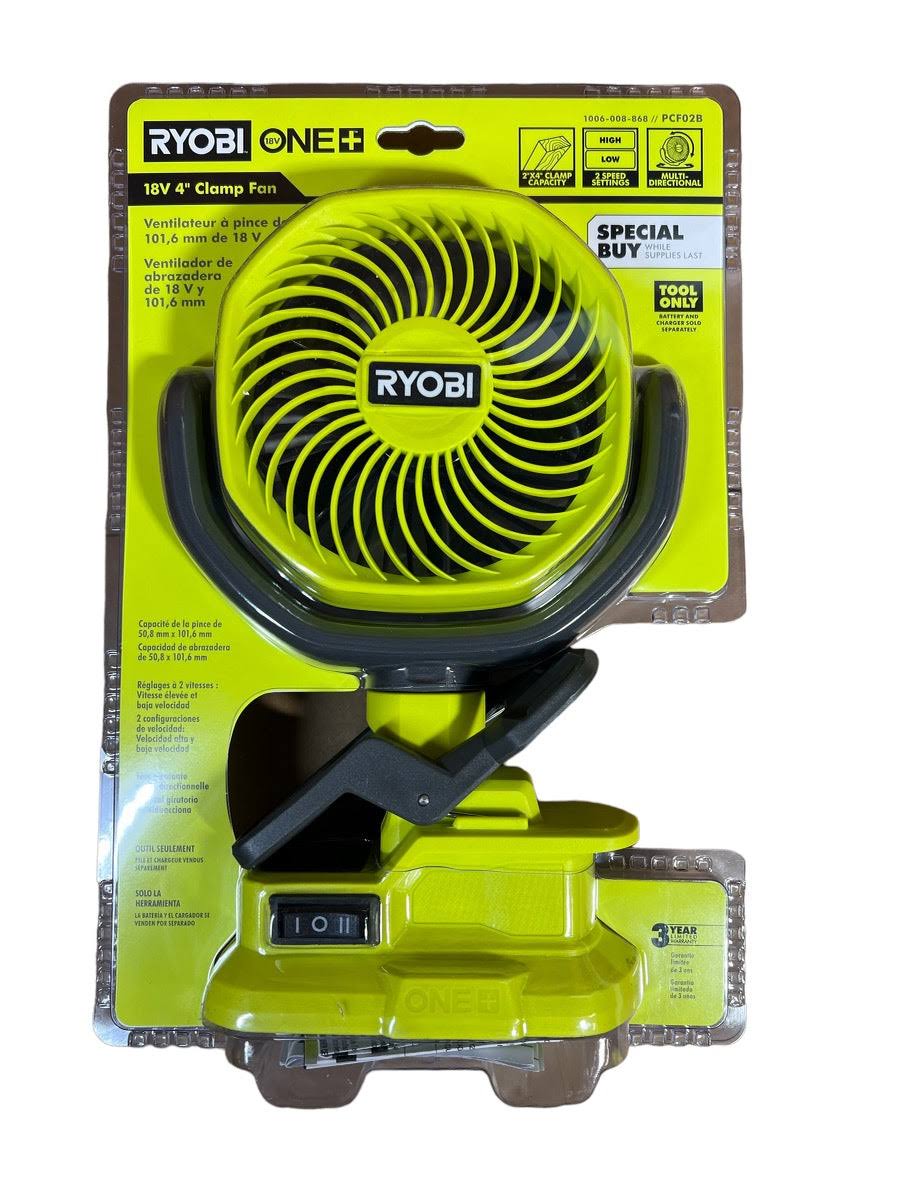 5611f32cd84b0ad6f2271d0b17853371959307e02b98c80f4766312b85544775.jpg Ryobi ONE+ 18V Cordless 4 in. Clamp Fan (Tool Only) - Image 1