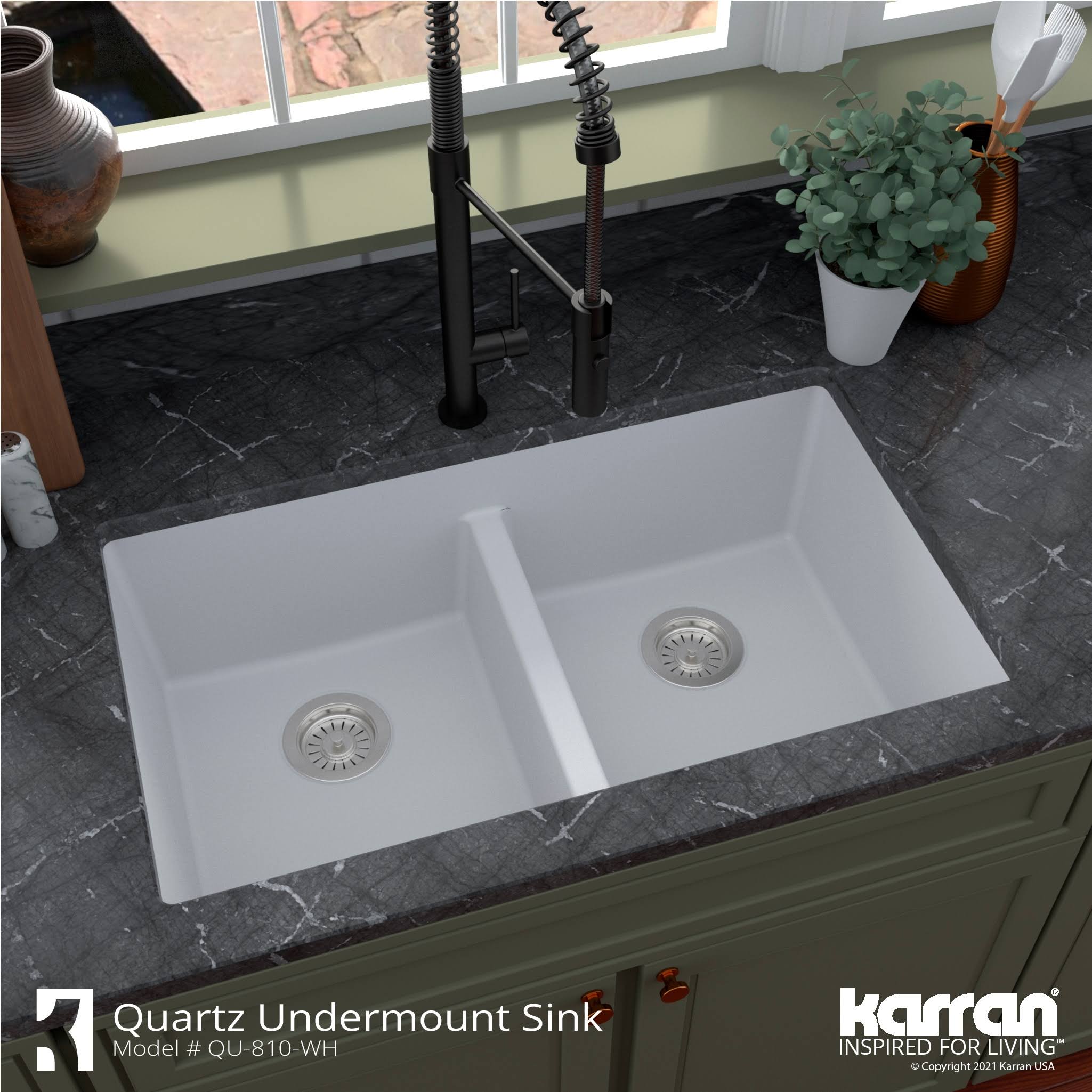 566e513c37b81767bd96d884dbc02f74e270a4b74a66ef7e3b56f4c3145cd783.jpg Karran QU-810 32" Undermount Double Equal Bowl Quartz Kitchen Sink in White - Image 1