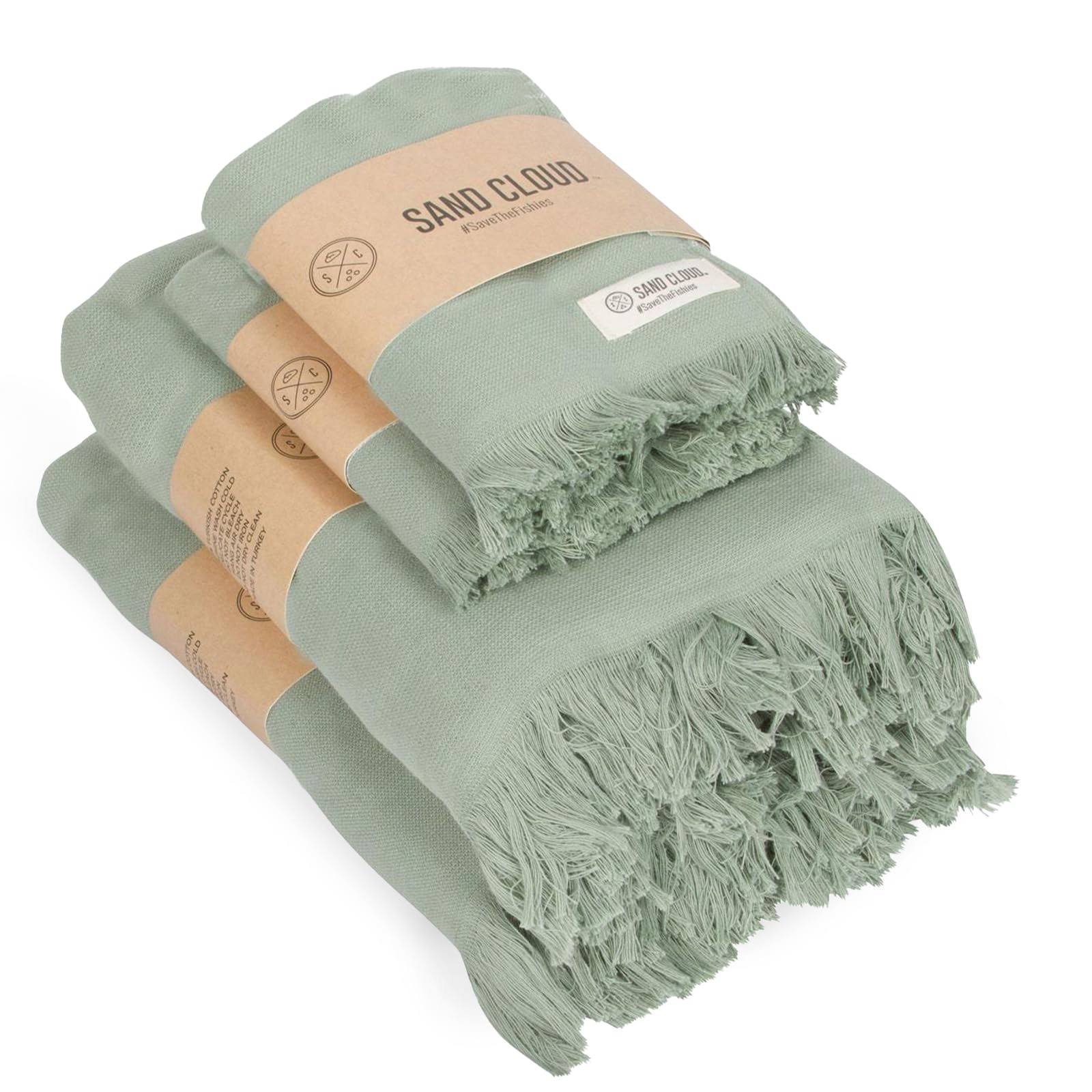 568b720bfef8a071a028776a22e7072394fd2fbcb2dfd7ce40e29fc944c76e7a.jpg Sand Cloud Terra XL Bath Bundle 4 Pack - Sage - Lightweight, Fast-Drying, Non-Smell, Organic Cotton Turkish Bath Towel - Image 1