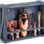Mixology & Craft Cocktail Shaker Set - 11-Piece Cocktail Making Set w/ Shaker & Rustic Wooden Stand - Bartender Kit and Cocktail Mixer Gift Set Copper