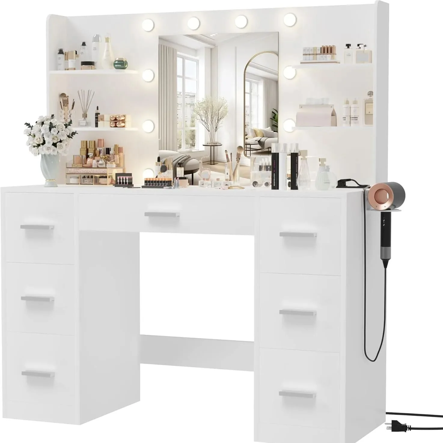 573213ded0d3bbe296b3437756b7bd8303be3c3a191a6279f32b0e3c9f73b6c9.webp Vanity Desk with Mirror LED Lights and Power Outlet Makeup with 7 Drawers - Image 1
