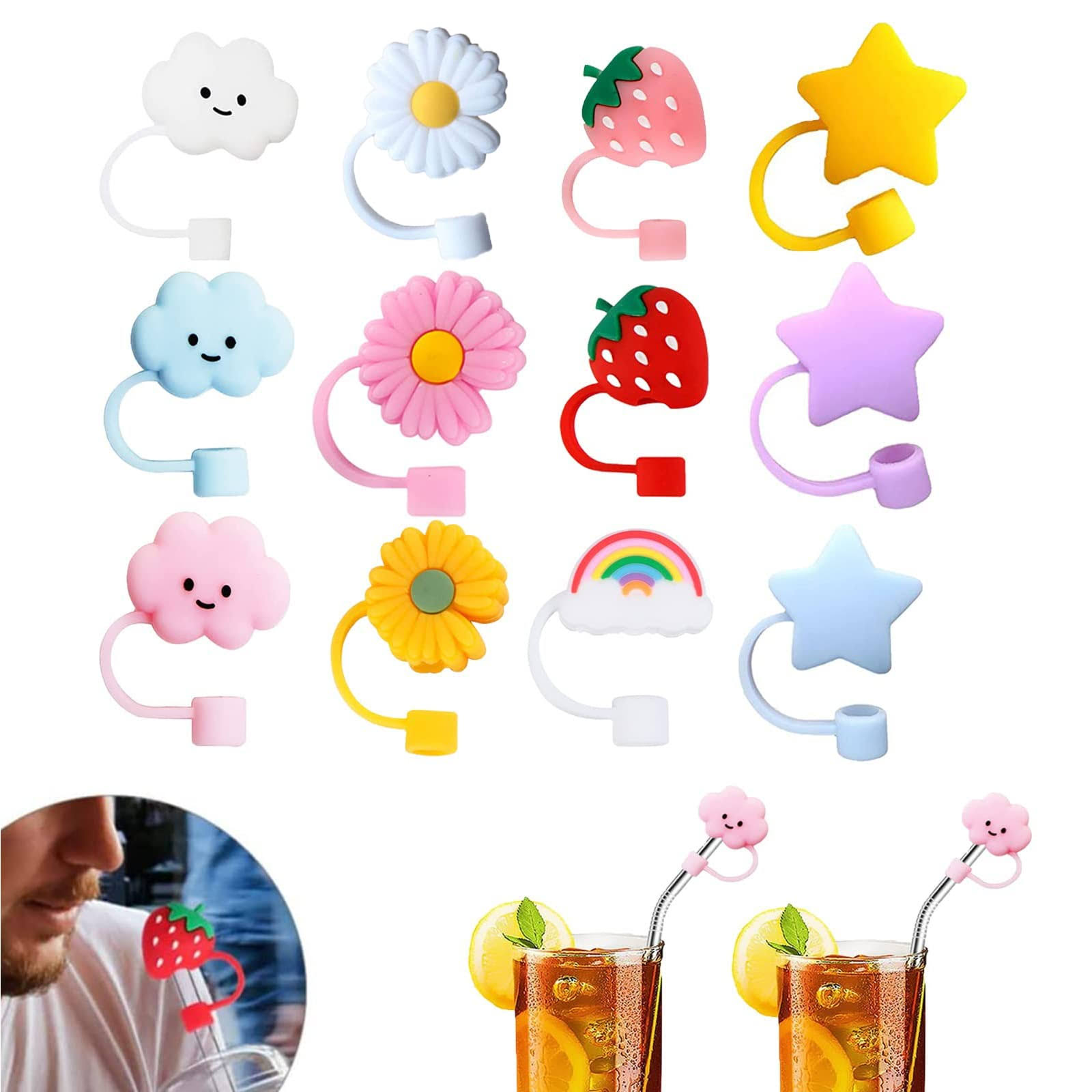 5738d94ecd545f7fc8793d6f98c0e9aed6ce7bafc2bac9856d84774ec4bc975f.jpg 2023 New Straw Cover Cloud, 12pcs Silicone Straw Protector, Splash Proof Tips, Reusable Drinking Straw Lids for Bottle Accessories - Image 1