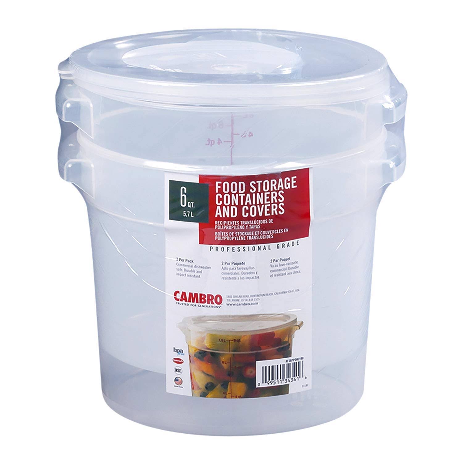 57c64659e1ee8045c53deb4f7b65394b2a30ba4e00620b74f65a61d7f8d0ca9d.jpg Cambro 6 Quart Round Storage Container with Lid, Clear - 2 pack - Image 1